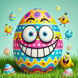 DALL·E 2025-03-17 08.36.04 - A funny and colorful Easter egg with a whimsical design. The egg has a vibrant mix of bright colors, including pink, blue, yellow, and green, with pla